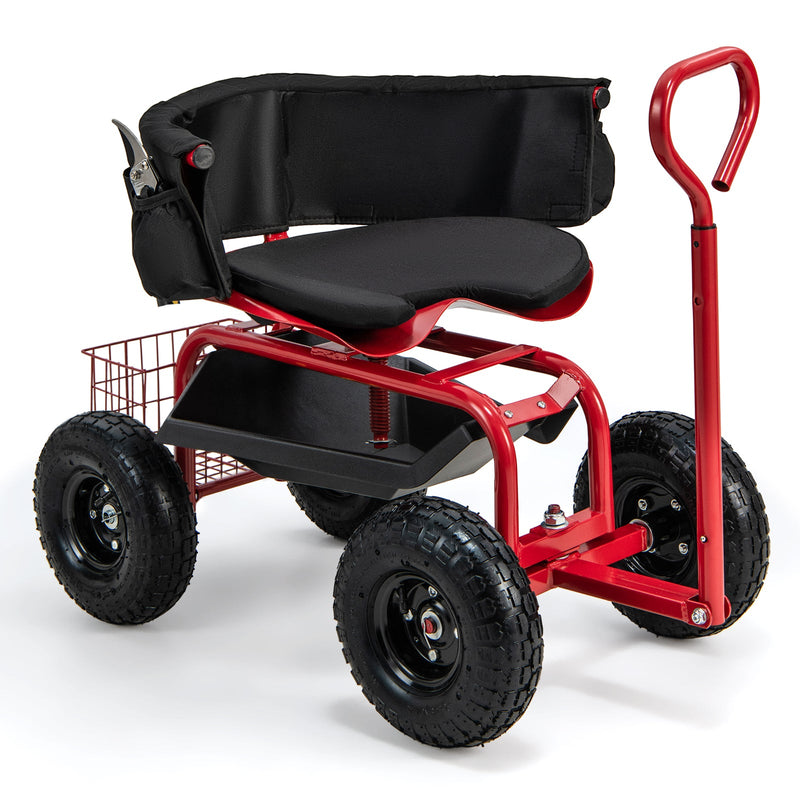 Cushioned Rolling Garden Cart Scooter with Storage Basket and Tool Pouch - Relaxacare