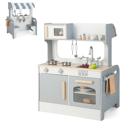 Double Sided Kids Pretend Kitchen Playset with 2-Seat Cafe - Relaxacare
