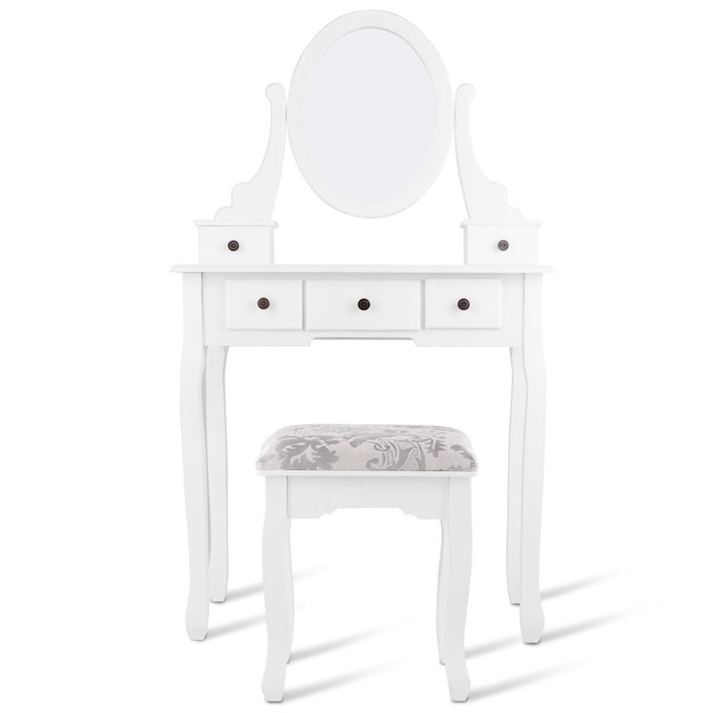 Dressing Table Set with Oval Mirror Stool and 5 Storage Drawers - Relaxacare