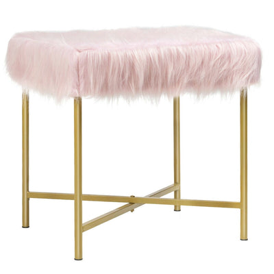 Faux Fur Ottoman Decorative Stool with Metal Legs-Pink - Relaxacare