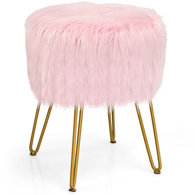 Faux Fur Vanity Chair Makeup Stool Furry Padded Seat Round Ottoman-Pink - Relaxacare