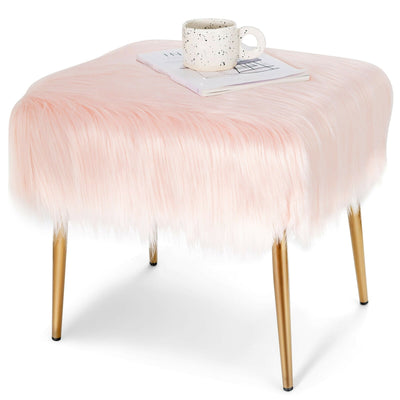 Faux Fur Vanity Stool Square Furry Ottoman with Golden Metal Legs-Pink - Relaxacare