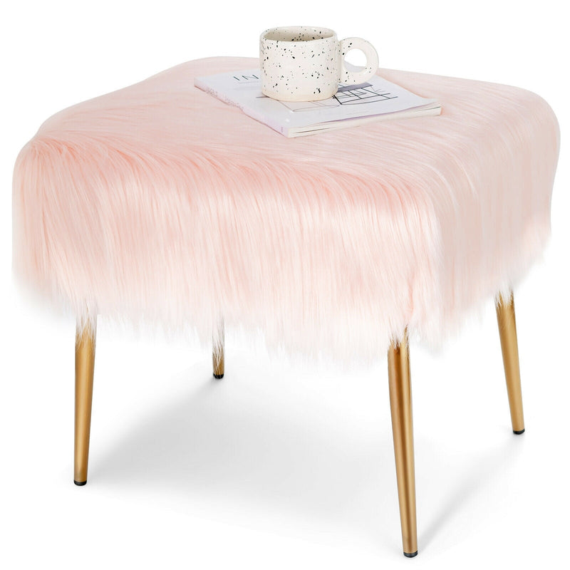 Faux Fur Vanity Stool Square Furry Ottoman with Golden Metal Legs-Pink - Relaxacare