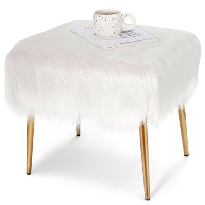Faux Fur Vanity Stool Square Furry Ottoman with Golden Metal Legs-White - Relaxacare