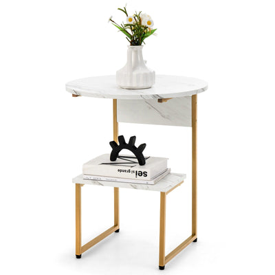 Faux Marble End Table with Round Tabletop and Square Shelf - Relaxacare