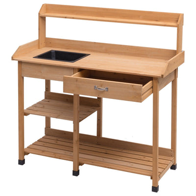 Fir Wood Potting Bench with Open Shelves and Sink for Planting - Relaxacare