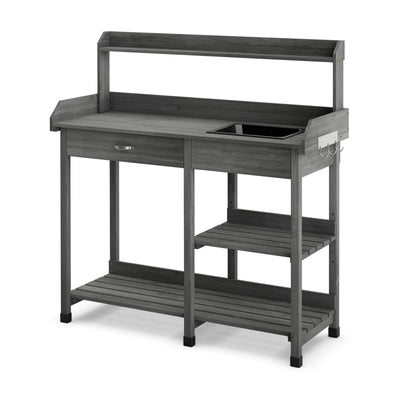 Fir Wood Potting Bench with Open Shelves and Sink for Planting-Gray - Relaxacare