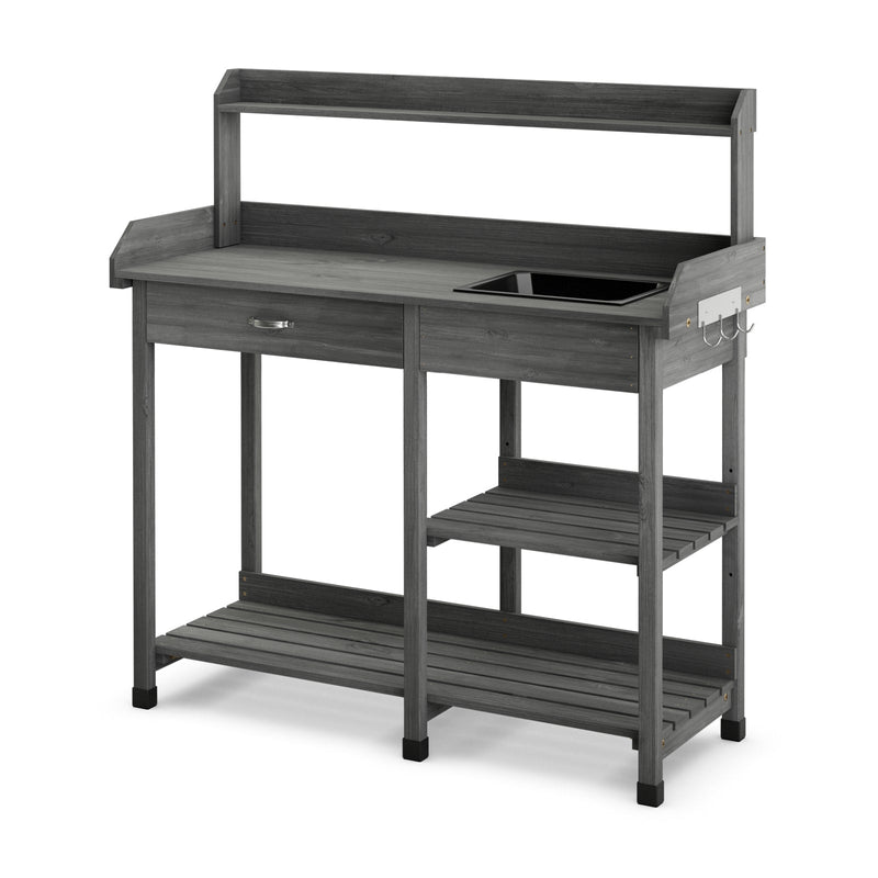 Fir Wood Potting Bench with Open Shelves and Sink for Planting-Gray - Relaxacare