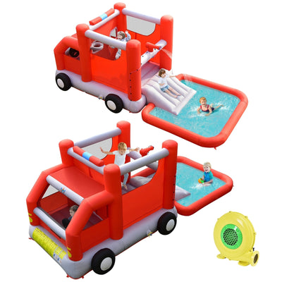 Fire Truck Themed Inflatable Castle Water Park Kids Bounce House with 480W Blower - Relaxacare