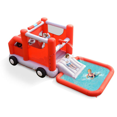 Fire Truck Themed Inflatable Castle Water Park Kids Bounce House without Blower - Relaxacare