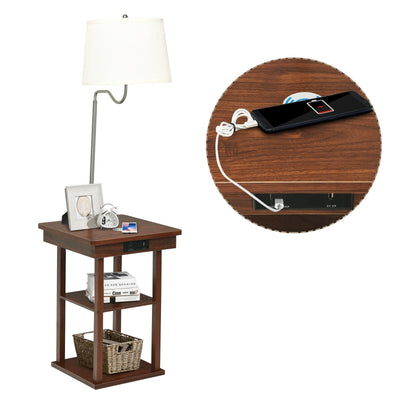 Floor Lamp Bedside Desk with USB Charging Ports Shelves-Brown - Relaxacare