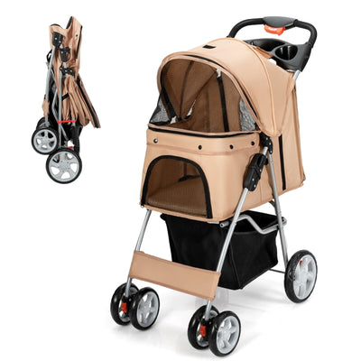 Foldable 4-Wheel Pet Stroller with Storage Basket-Beige - Relaxacare
