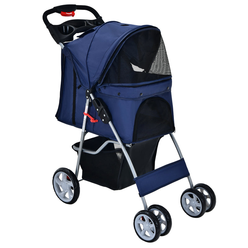 Foldable 4-Wheel Pet Stroller with Storage Basket-Navy - Relaxacare