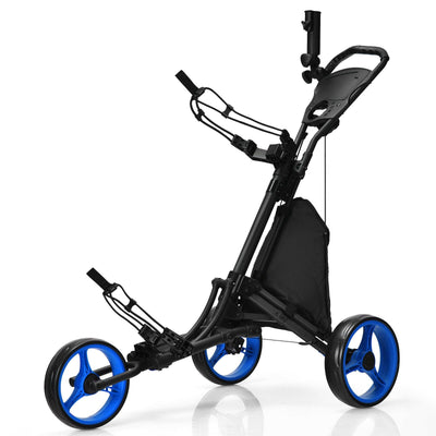Folding 3 Wheels Golf Push Cart with Bag Scoreboard Adjustable Handle -Blue - Relaxacare