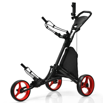 Folding 3 Wheels Golf Push Cart with Bag Scoreboard Adjustable Handle -Red - Relaxacare