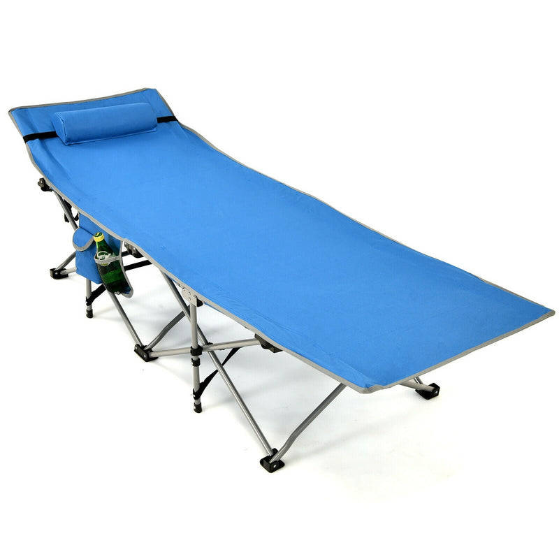 Folding Camping Cot with Side Storage Pocket Detachable Headrest-Blue - Relaxacare