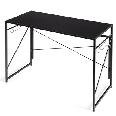 Folding Computer Desk Writing Study Desk Home Office with 6 Hooks-Black - Relaxacare