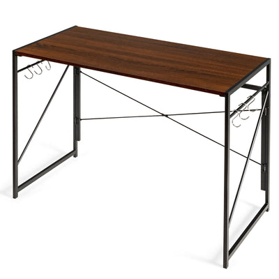 Folding Computer Desk Writing Study Desk Home Office with 6 Hooks-Brown - Relaxacare