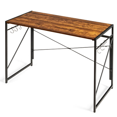 Folding Computer Desk Writing Study Desk Home Office with 6 Hooks-Rustic brown - Relaxacare