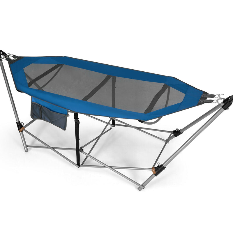Folding Hammock Indoor Outdoor Hammock with Side Pocket and Iron Stand-Blue - Relaxacare