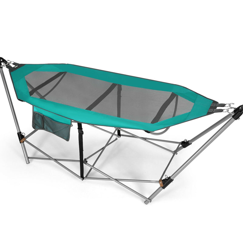Folding Hammock Indoor Outdoor Hammock with Side Pocket and Iron Stand-Turquoise - Relaxacare