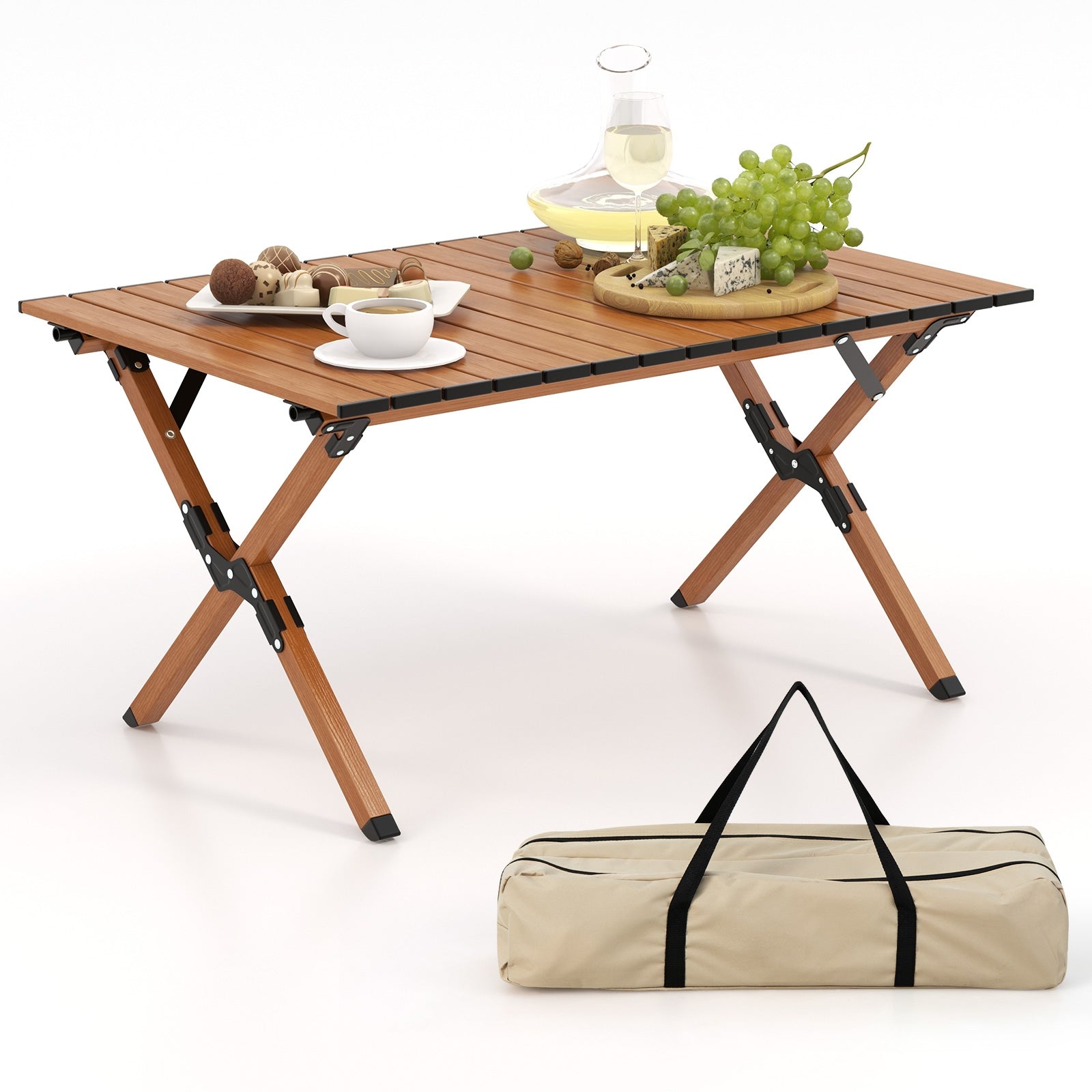 Folding Lightweight Aluminum Camping Table with Wood Grain