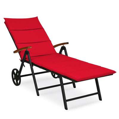 Folding Patio Rattan Lounge Chair with Wheels-Red - Relaxacare