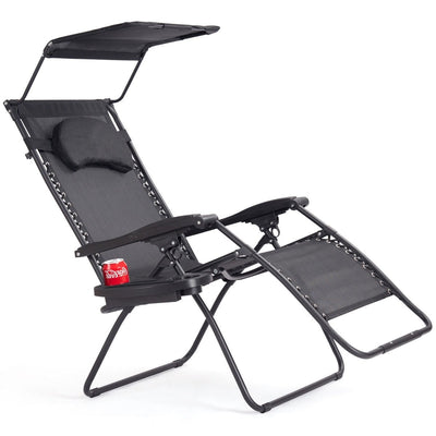 Folding Recliner Lounge Chair w/ Shade Canopy Cup Holder-Black - Relaxacare