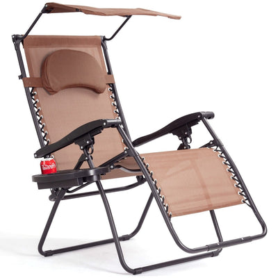 Folding Recliner Lounge Chair w/ Shade Canopy Cup Holder-Coffee - Relaxacare
