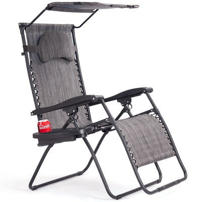 Folding Recliner Lounge Chair w/ Shade Canopy Cup Holder-Gray - Relaxacare