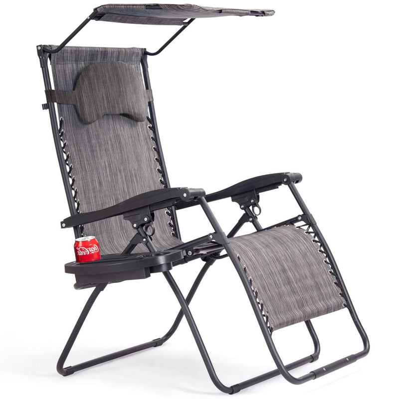 Folding Recliner Lounge Chair w/ Shade Canopy Cup Holder-Gray - Relaxacare