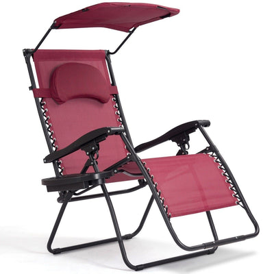Folding Recliner Lounge Chair w/ Shade Canopy Cup Holder-Wine - Relaxacare