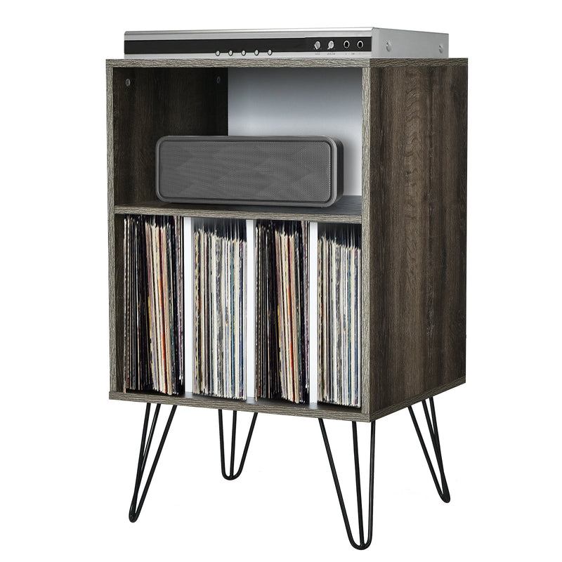 Freestanding Record Player Stand Record Storage Cabinet with Metal Legs-Gray - Relaxacare