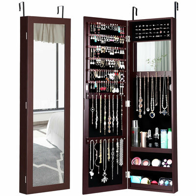 Full Length Mirror Jewelry Cabinet with Ring Slots and Necklace Hooks-Dark Brown - Relaxacare