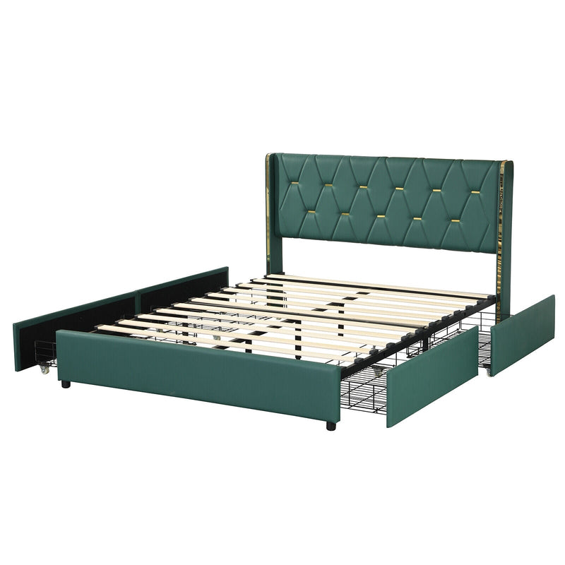Full/Queen Size Upholstered Bed Frame with 4 Drawers-Green-Full Size - Relaxacare