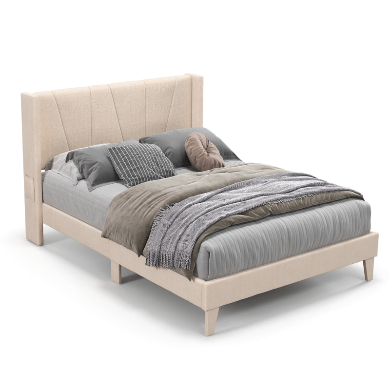 Full/Queen Size Upholstered Bed Frame with Geometric Wingback Headboard - Relaxacare