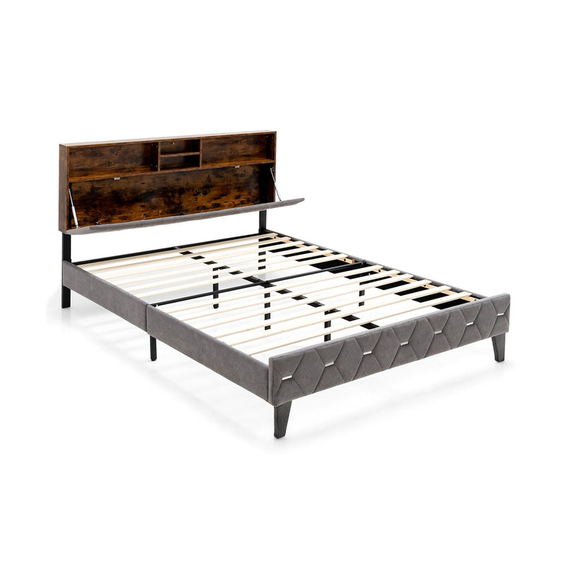 Full/Queen Size Upholstered Bed Frame with Storage Headboard - Relaxacare