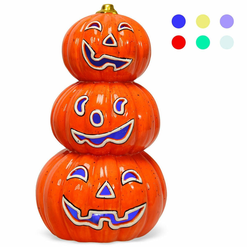 Halloween 3-Tier Color-Changing Lighted Ceramic Pumpkin Lantern - Relaxacare