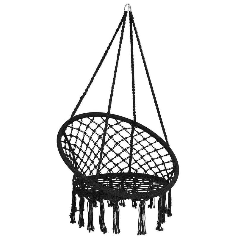 Hanging Macrame Hammock Chair with Handwoven Cotton Backrest-Black - Relaxacare