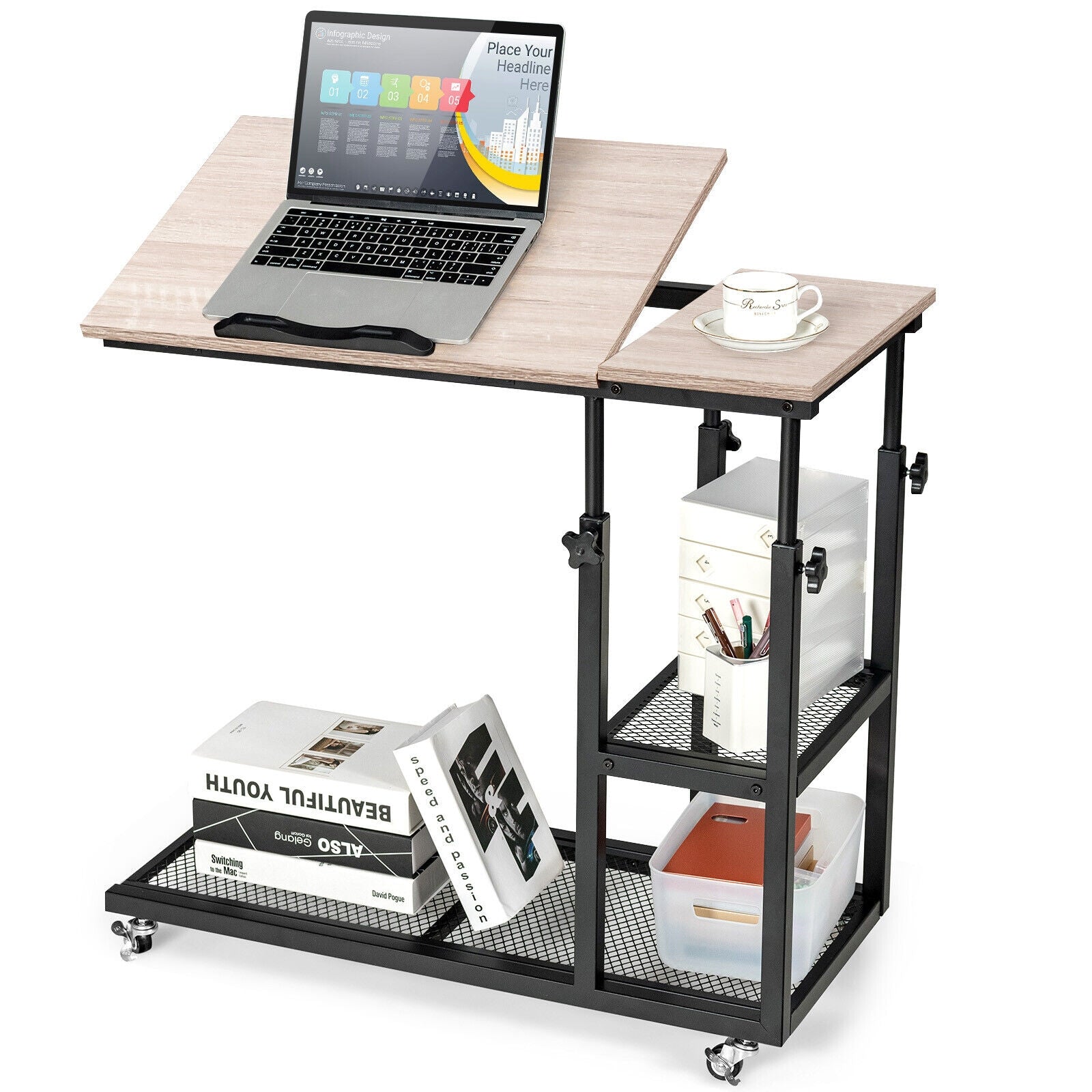 Height Adjustable C-Shaped End Table with Lockable Wheels and Tiltable