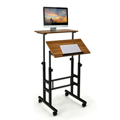 Height Adjustable Mobile Standing Desk with rolling wheels for office and home-Walnut - Relaxacare