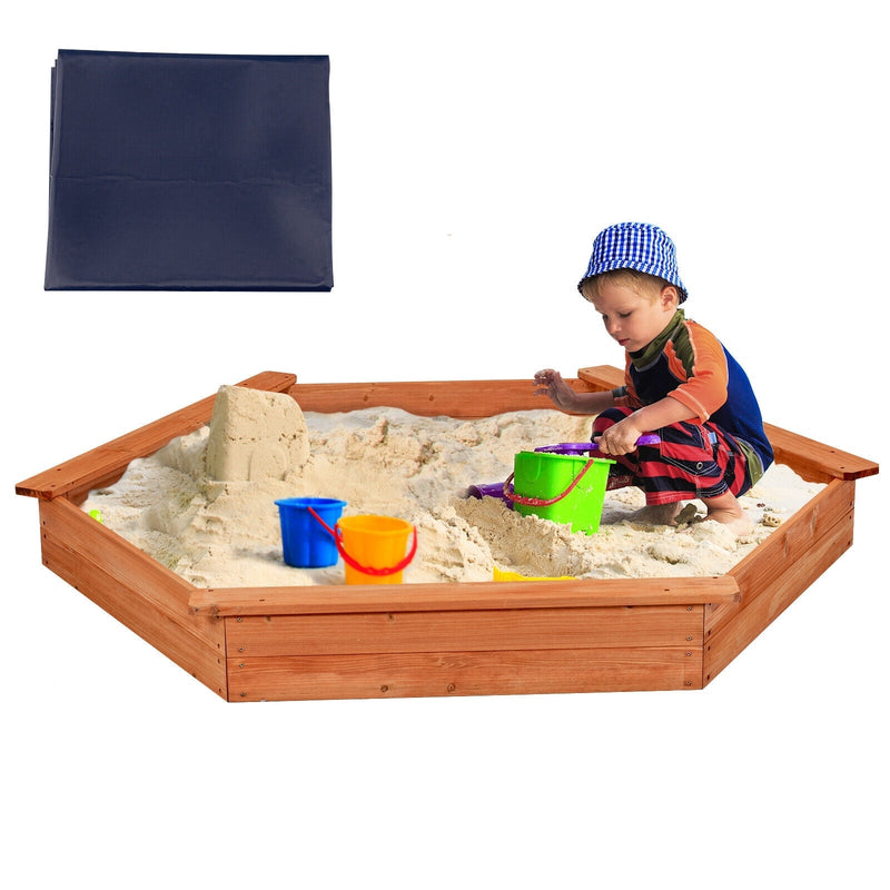 Hexagon Wooden Cedar Sand Box with Seat Boards - Relaxacare