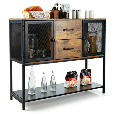 Industrial Buffet Sideboard Kitchen Cupboard with Metal Mesh Doors and 2 Drawers-Rustic Brown - Relaxacare