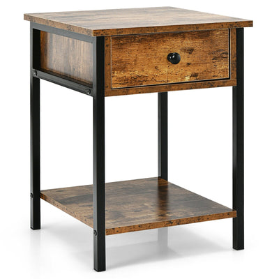 Industrial End Side Table Nightstand with Drawer Shelf-Rustic Brown - Relaxacare