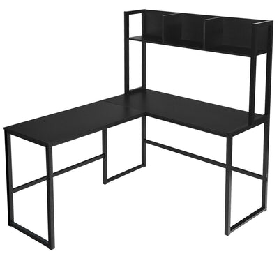 Industrial L-Shaped Desk Bookshelf 55 Inch Corner Computer Gaming Table-Black - Relaxacare