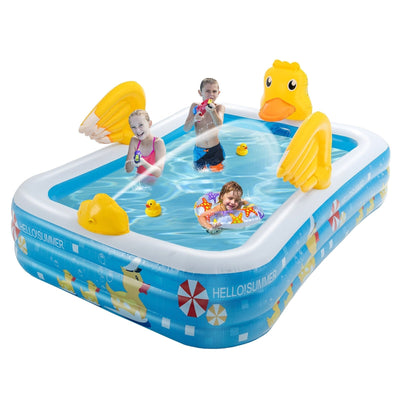 Inflatable Swimming Pool Duck Themed Kiddie Pool with Sprinkler for Age Over 3-Blue - Relaxacare