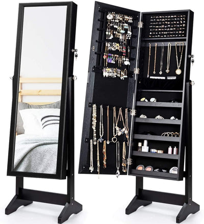 Jewelry Cabinet Stand Mirror Armoire with Large Storage Box-Black - Relaxacare