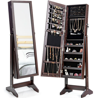 Jewelry Cabinet Stand Mirror Armoire with Large Storage Box-Brown - Relaxacare