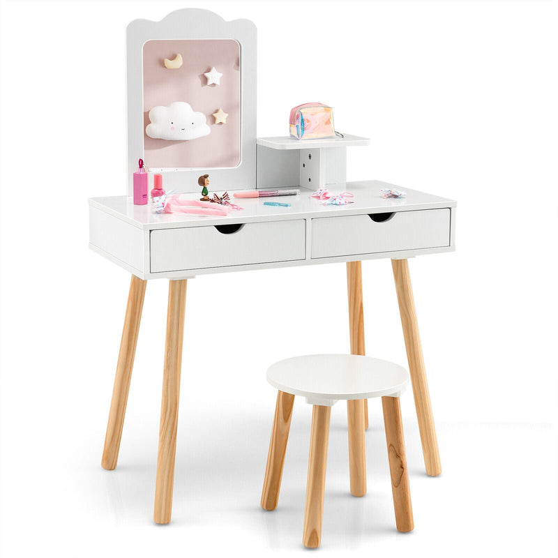 Kid Vanity Table Chair Set with Mirror and 2 Large Storage Drawers-White - Relaxacare