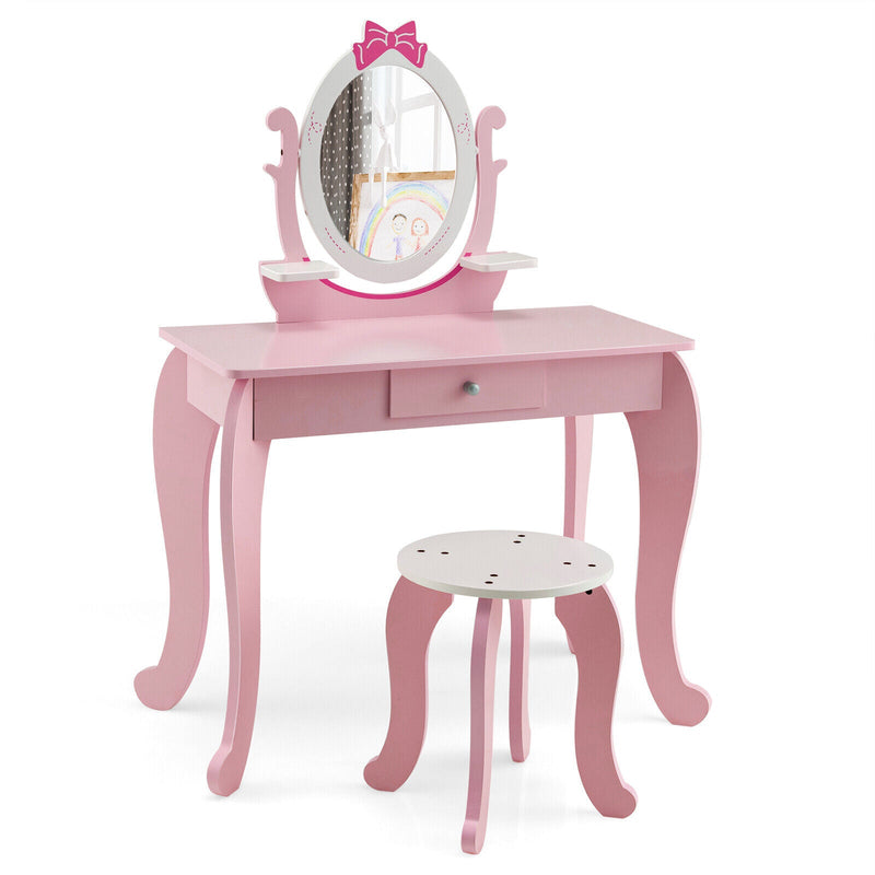 Kid Vanity Table Stool Set with Oval Rotatable Mirror - Relaxacare